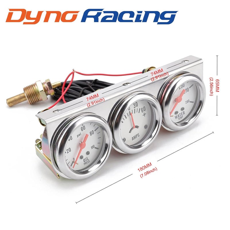 Dyno Racing مجموعة عدادات ثلاثية 2'' 52mm عالمية من الكروم 12V DC للسيارات، عداد ضغط الزيت، عداد درجة حرارة الماء فهرنهايت، مجموعة عدادات الأمبير، عدادات سيارة بوجه أبيض - Image 2